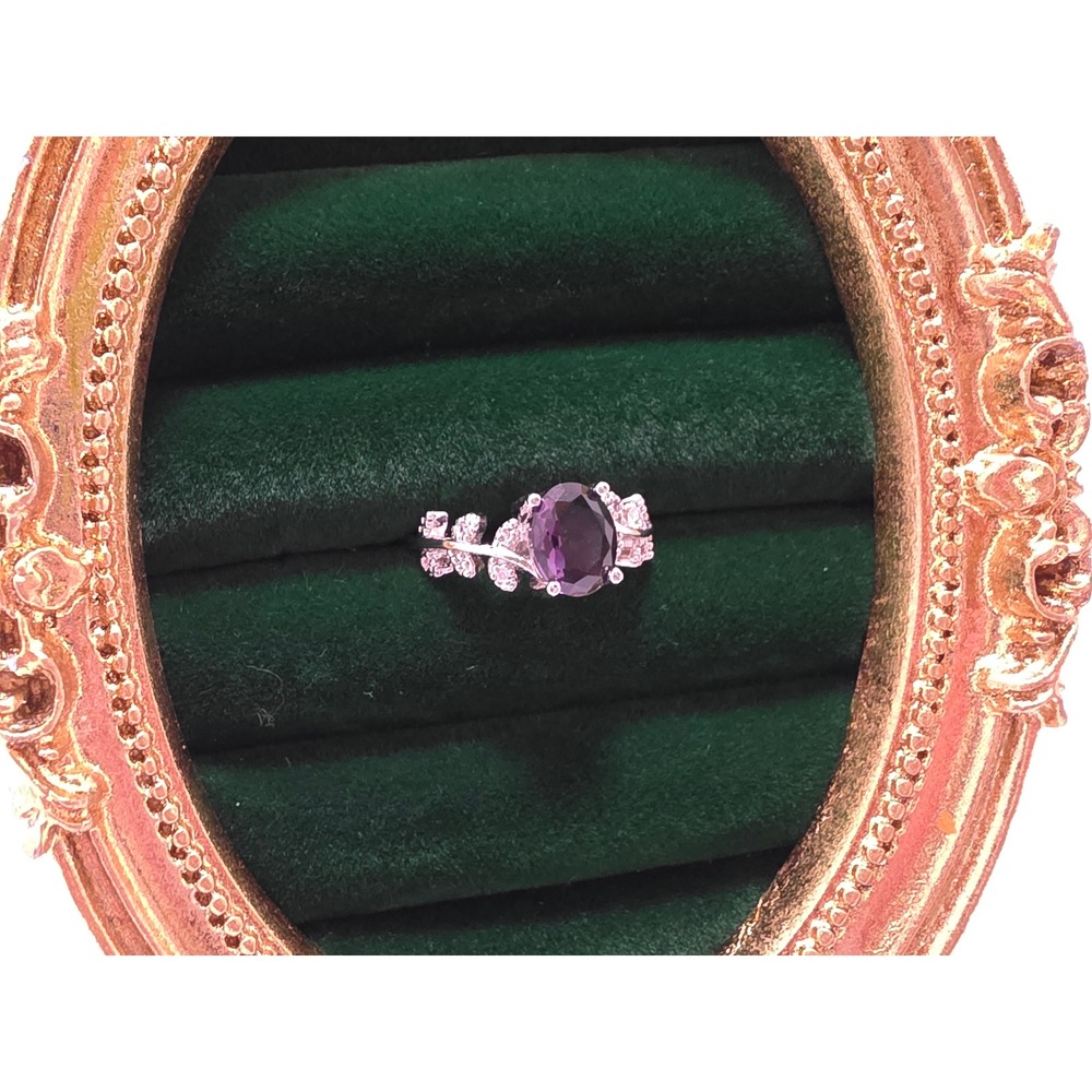 Silver Tone Purple Oval Stone Leaf Vine Adjustable Ring Size 7.5 Floral Jewelry